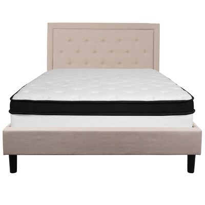 Flash Furniture Roxbury Tufted Upholstered Platform Bed in Beige Fabric with Memory Foam Mattress, Queen (SLBMF19)