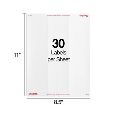 Staples® Laser/Inkjet Address Labels, 1" x 2 5/8", White, 30 Labels/Sheet, 250 Sheets/Pack, 7500 Labels/Box  (ST18063-CC)