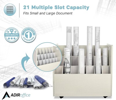 AdirOffice 21-Slot Mobile Roll File, 28.5"H x 30"W x 15.75"D, White, 2/Pack (625-WHI-2PK)