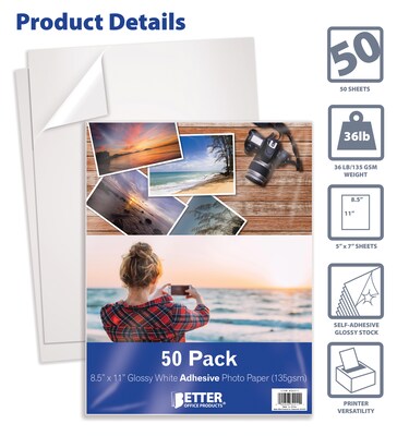 Better Office Products Photo Paper, Glossy, Self-Adhesive Sticky Back Paper, 8.5 x 11, 50 Sheets (