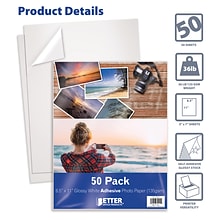 Better Office Products Photo Paper, Glossy, Self-Adhesive Sticky Back Paper, 8.5 x 11, 50 Sheets (