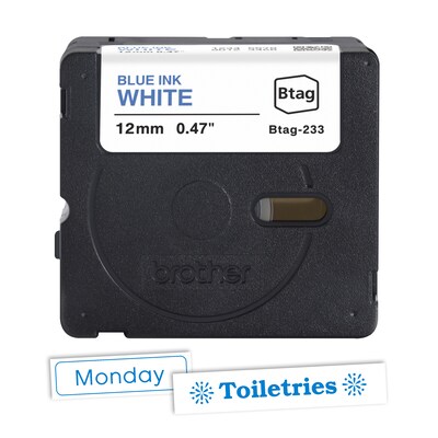 Brother P-touch Btag Label Tape, 1/2" x 13.1' (12mm x 4m), Blue on White (BTAG233)