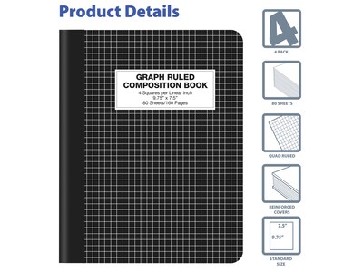 Better Office Composition Notebooks, 7.5" x 9.75", Graph Ruled, 80 Sheets, Black, 4/Pack (25604-4PK)