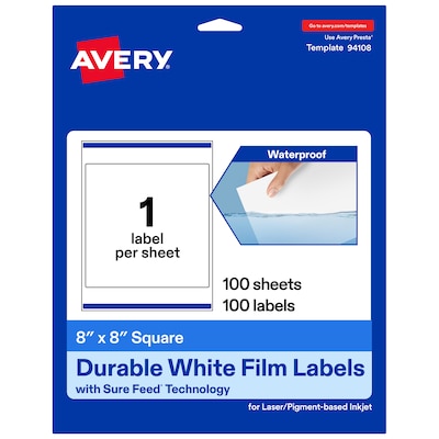 Avery Laser/Inkjet Waterproof Square Labels, 8 x 8, White, 100 Labels/Box (94108)