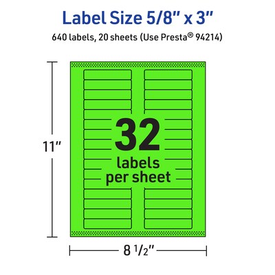 Avery Laser/Inkjet Multipurpose Rectangle Labels, 5/8" x 3", Neon Green, 640/Pack (94214)
