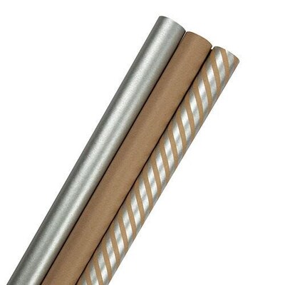 JAM Paper Wrapping Paper, 87.5 Sq Ft, Silver Kraft Stripes and Solid Deluxe Set, 3 Rolls/Pack (77450