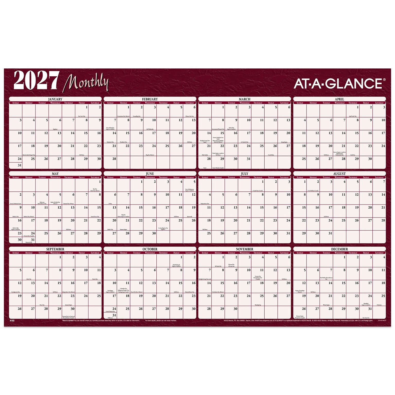 2027 AT-A-GLANCE 48 x 32 Yearly Dry Erase Wall Calendar, Reversible, Red/Blue (A152-27)