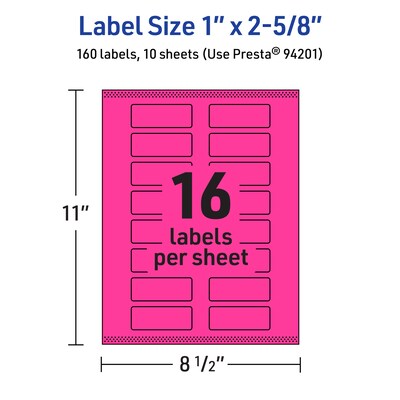 Avery Rectangle Laser/Inkjet Multipurpose Labels, 1" x 2-5/8", Neon Magenta (160/Pack)
