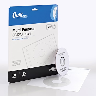 Quill® Laser/Inkjet CD/DVD Labels, White, 8-1/2x11, 2 Labels/Sheet, 25 Sheets/Pack (731144)