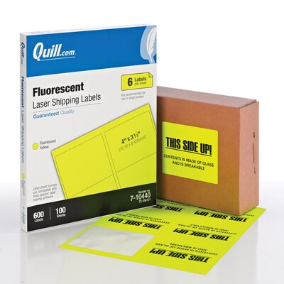 Quill Brand® Laser Shipping Labels, 3-1/3 x 4, Fluorescent Yellow, 6 Labels/Sheet, 100 Sheets/Box (Comparable to Avery 5164)