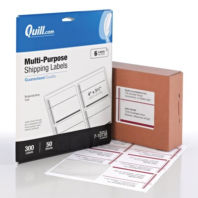 Quill Brand® Laser/Inkjet Shipping Label, 3-1/3 x 4, White w Burgundy, 6 Labels/Sheet, 50 Sheet/Box (Comparable to Avery 8164)