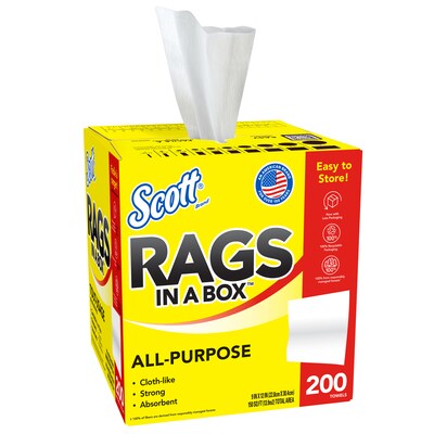 Scott Rags In a Box Fabric Wipers, White, 200 Wipers/Box, 8 Boxes/Carton (75260)