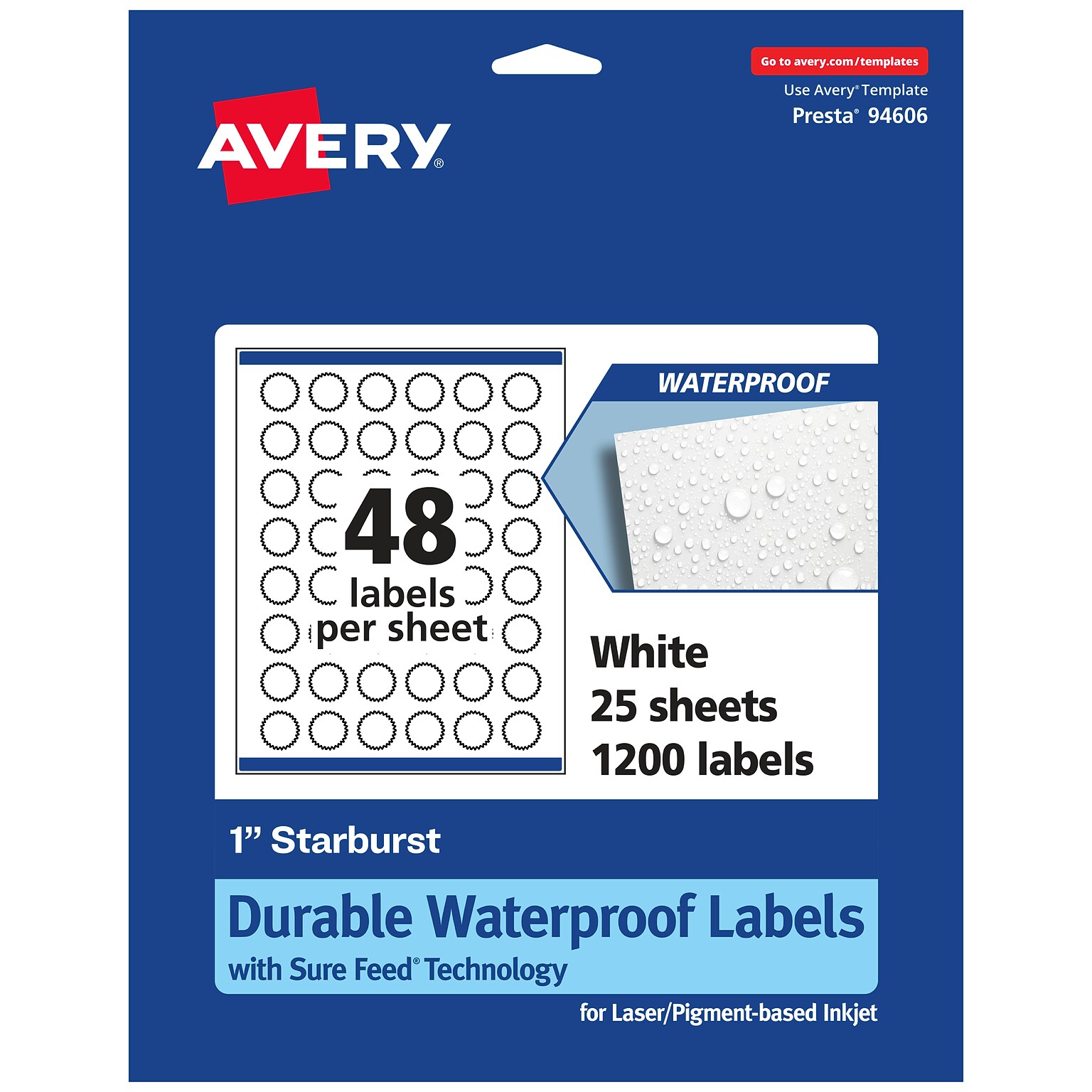 Avery Laser/Inkjet Starburst Waterproof Multipurpose Labels, 1  Dia, White, 1200/Pack (94606)