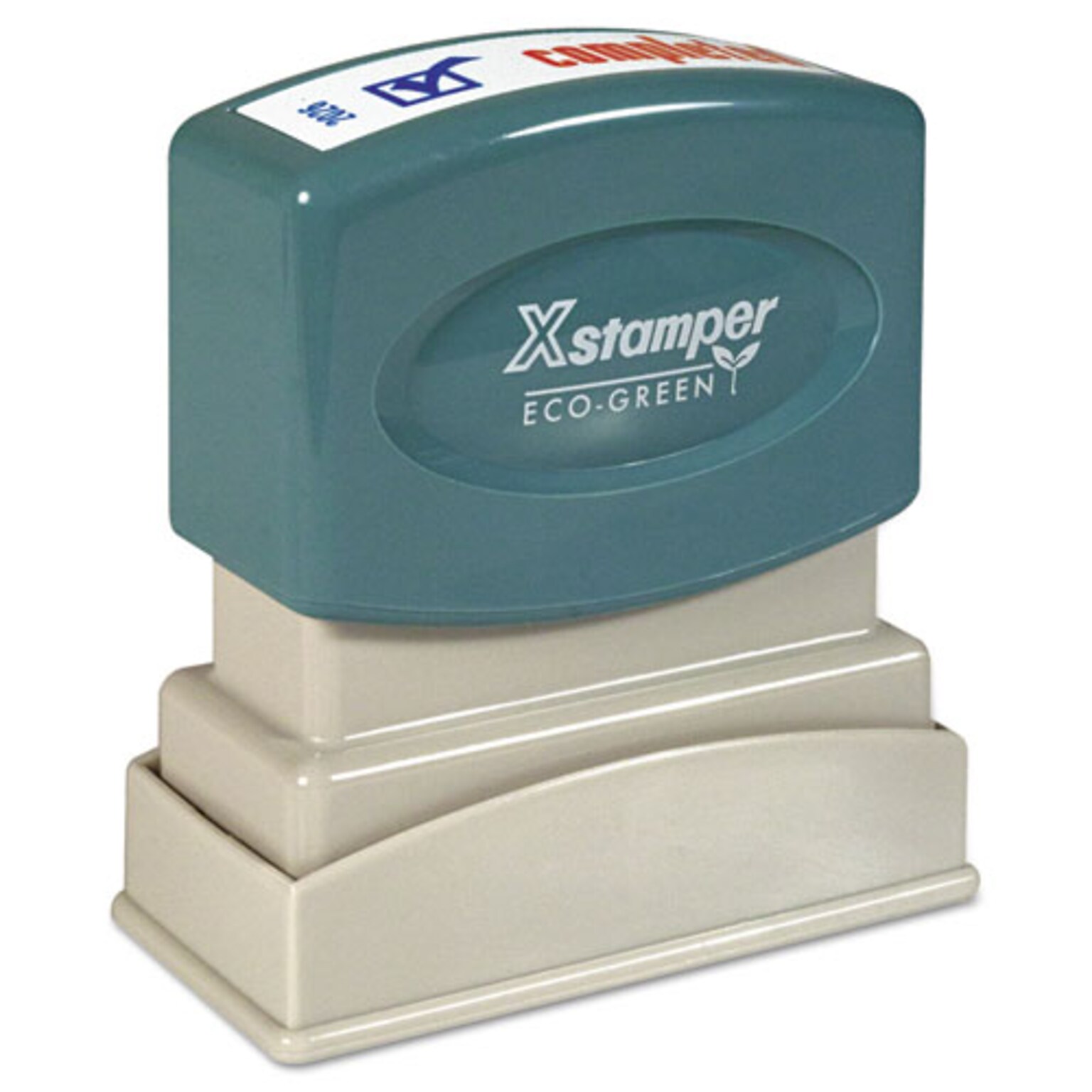 Xstamper Eco-Green Completed Rectangle Pre-Inked Stamp, 1 5/8 x 1/2, Blue and Red Ink (036030)
