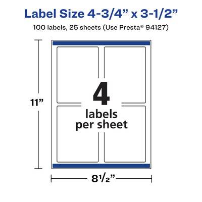 Avery Laser/Inkjet Multipurpose Labels, White, 4 Labels/Sheet, 25 Sheets/Pack (94127-WMP25)