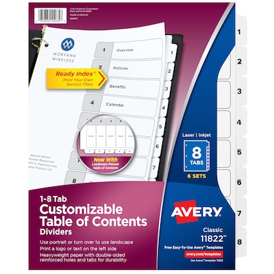 Avery Ready Index Table of Contents Paper Dividers, 1-8 Tabs, White, 6 Sets/Pack (11822)