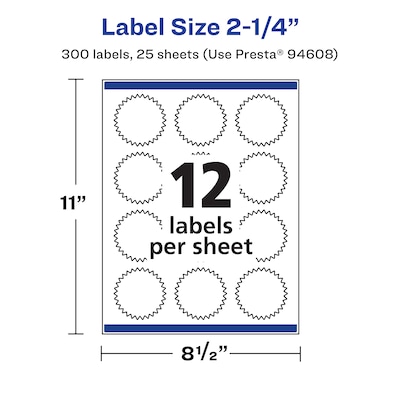 Avery Laser/Inkjet Starburst Waterproof Multipurpose Labels, 2.25"  Dia, White, 300/Pack (94608)