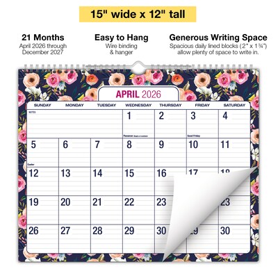 2026-2027 Excello Brands Large Print 12" x 15" Academic Monthly Wall Calendar, Navy Floral (WC-AY26-1215-84)