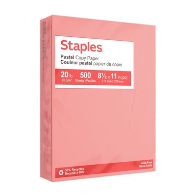 Staples Pastel 30% Recycled Color Copy Paper, 20 lbs., 8.5 x 11, Salmon, 500/Ream (14783)