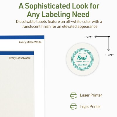 Avery Dissolvable Circle Multipurpose Labels, 1.75" Dia., Off-white, 100/Pack (94509)