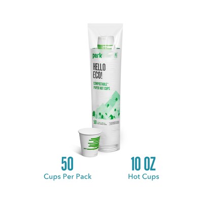 Perk™ Eco Compostable Paper Hot Cup, 10 Oz., White/Green, 50/Pack (PK56223)