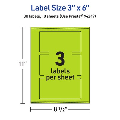 Avery Laser/Inkjet Multipurpose Rectangle Labels, 3" x 6", Bright Green, 30/Pack (94249)