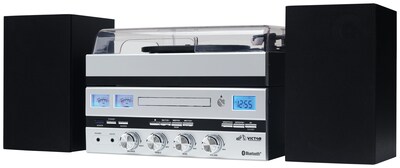 Victor Geneva 5-in-1 Music Center with Bluetooth, CD Player, FM Radio, USB, AUX, Remote Control, and Detached Stereo Speakers