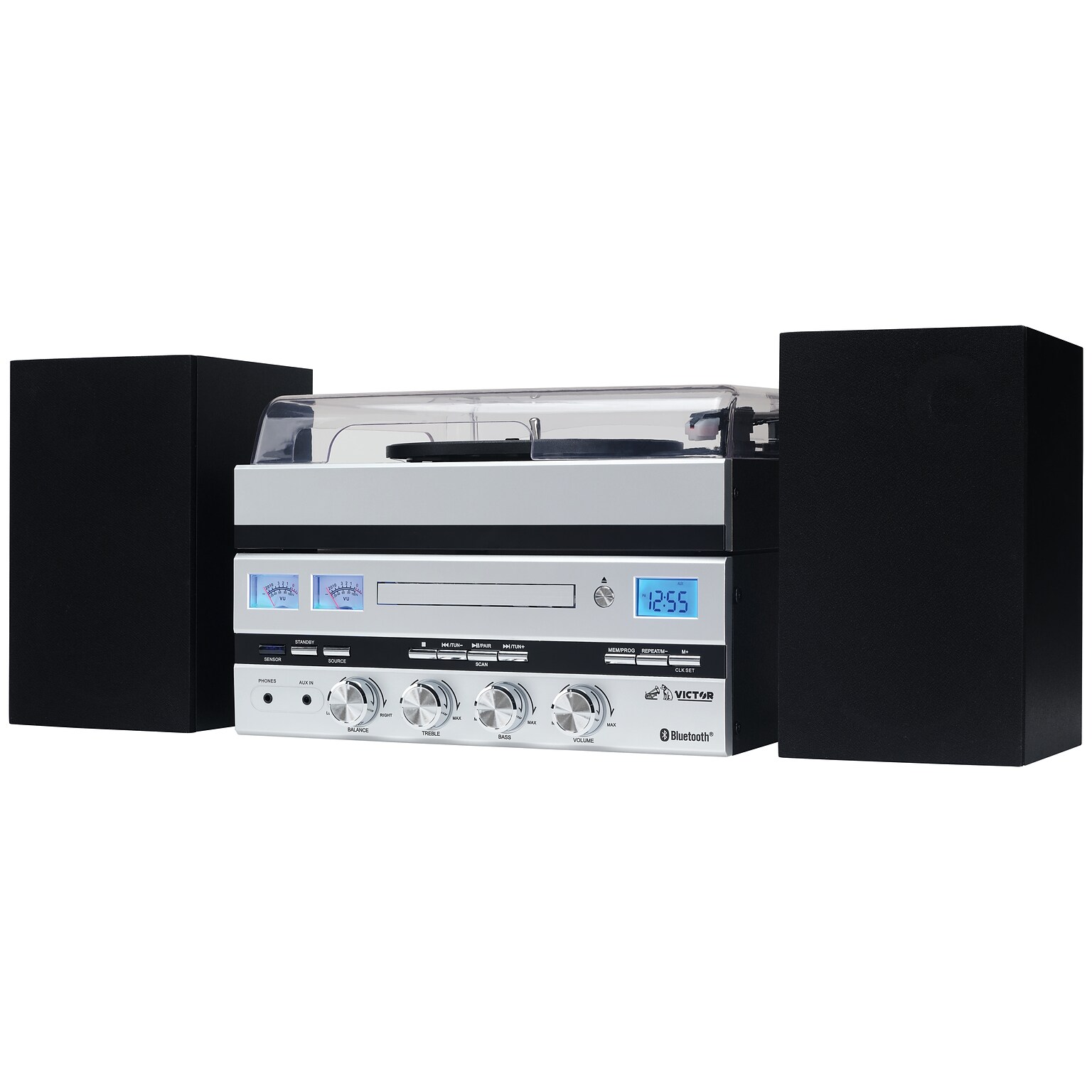 Victor Geneva 5-in-1 Music Center with Bluetooth, CD Player, FM Radio, USB, AUX, Remote Control, and Detached Stereo Speakers