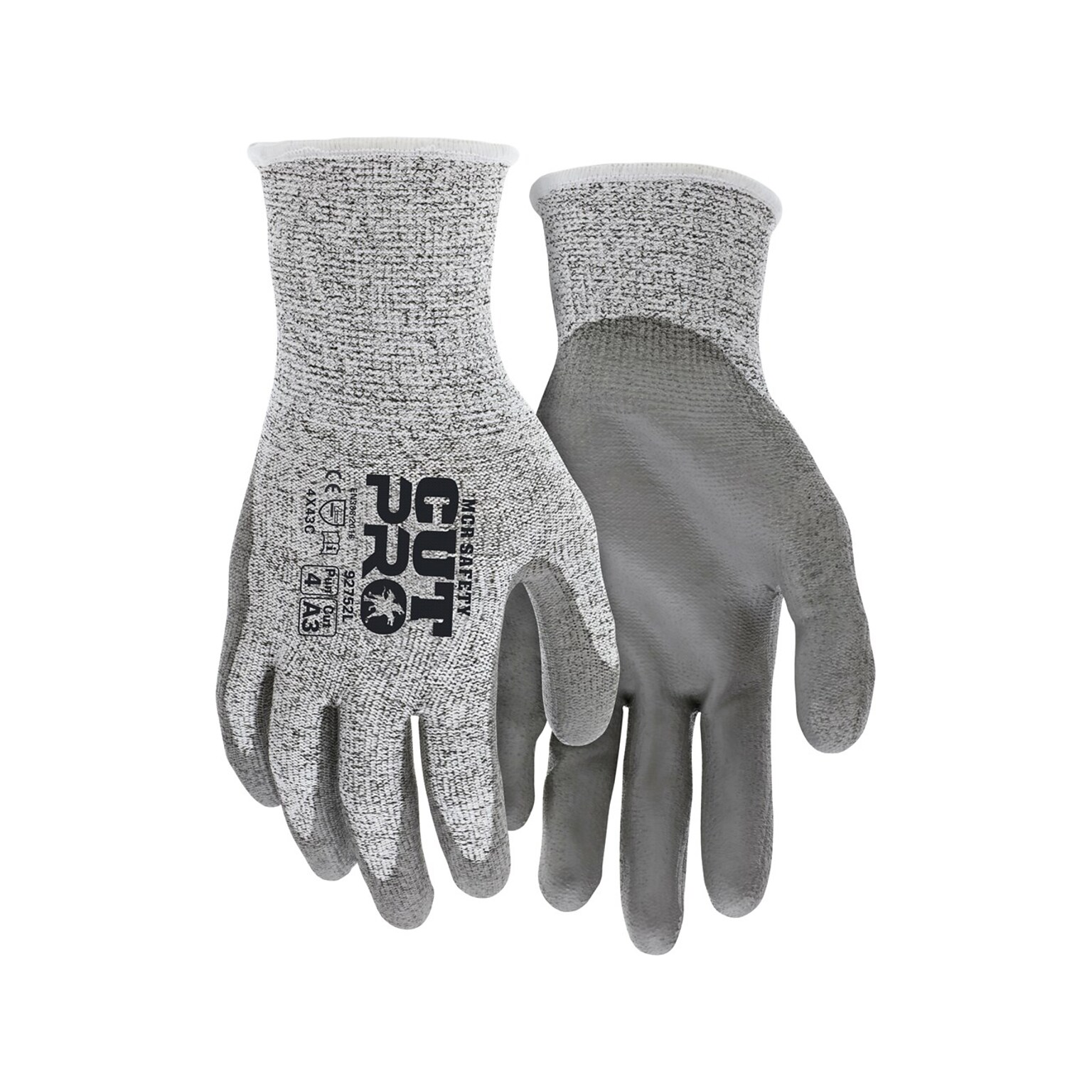 MCR Safety Cut Pro Hypermax Fiber/Polyurethane Work Gloves, Large, A3 Cut Level, Salt-and-Pepper/Gray, Dozen (92752L)