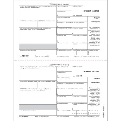 TOPS 1099INT Tax Form, 1 Part, Recipient - Copy B, White, 8 1/2 x 11, 100 Sheets/Pack (LINTREC34)