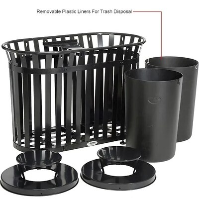 Global Industrial Outdoor Slatted Steel Trash Can w/ Rain Bonnet Lid, 72 Gallon, Black (641432BK)