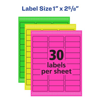 Avery Laser/Inkjet Identification Labels, 1" x 2 5/8", Assorted Neon Colors, 30/Sheet, 12 Sheets/Pack (6479)