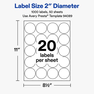 Avery Round Laser/Inkjet Multipurpose Labels, 2" Round, White, 20 Labels/Sheet, 50 Sheets/Pack (19479311257)