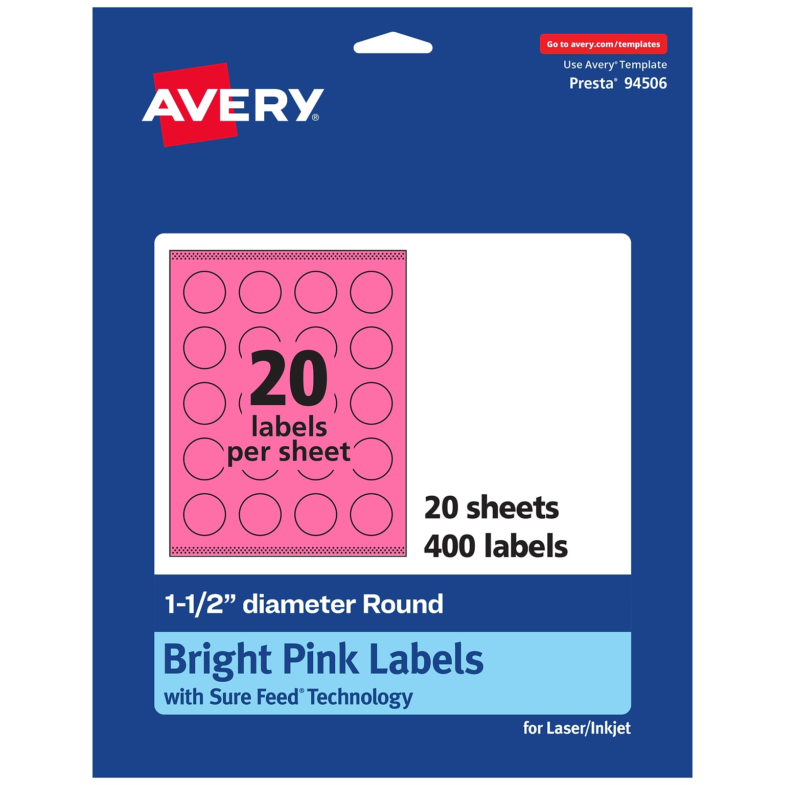 Avery Laser/Inkjet Round Multipurpose Labels, 1.5 Dia., Bright Pink, 400/Pack (94506)