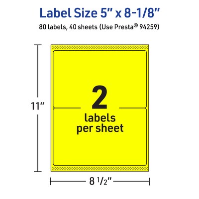Avery Rectangle Multipurpose Labels, 5" x 8-1/8", Neon Yellow, 80/Pack (94259)
