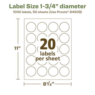Avery EcoFriendly Laser/Inkjet Circle Multipurpose Labels, 1-3/4" Dia., White, 1000/Box (94509)