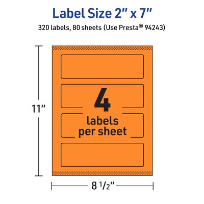 Avery Laser/Inkjet Multipurpose Rectangle Labels, 2" x 7", Bright Orange, 320/Box (94243)