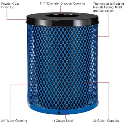 Global Industrial Outdoor Diamond Steel Trash Can w/ Flat Lid, 36 Gallon, Blue (261924BL)