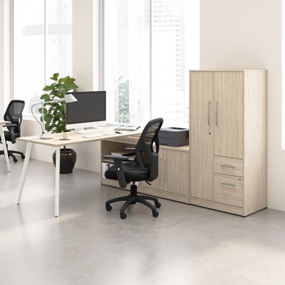 Bush Business Furniture Vista 72"W L Shaped Desk with Low Storage Cabinet and Wardrobe, Natural Elm (VST009NE)