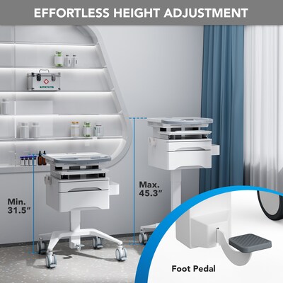 Mount-It! MedHub Mobile Medical Cart Workstation with Drawers, Monitor arm, and Locking Caster Wheels, White/Grey (MI-16026)
