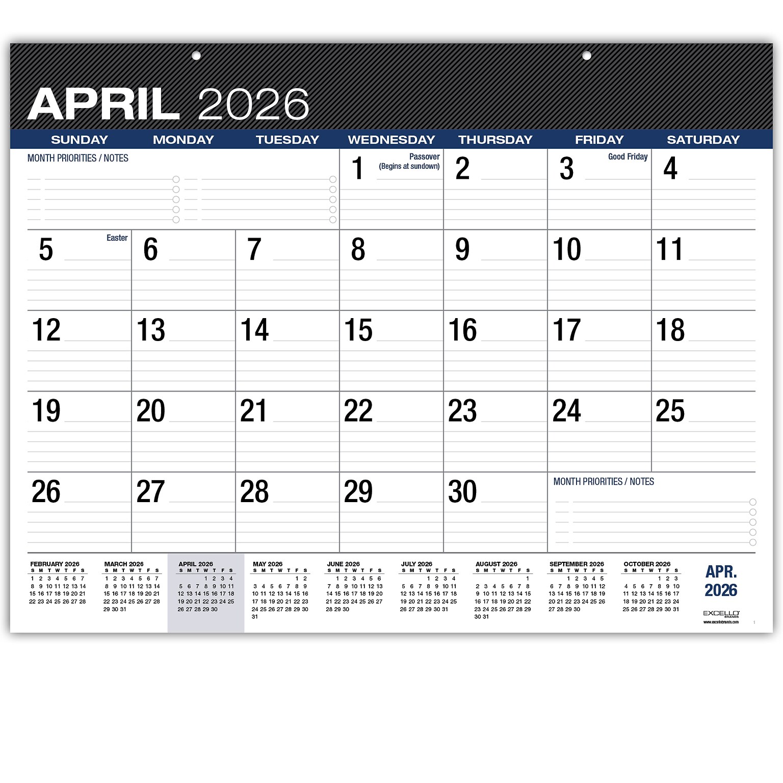 2026-2027 Excello Brands Large Print 22 x 17 Academic Monthly Desk Pad Calendar, Black (DP-AY26-2217-BK)