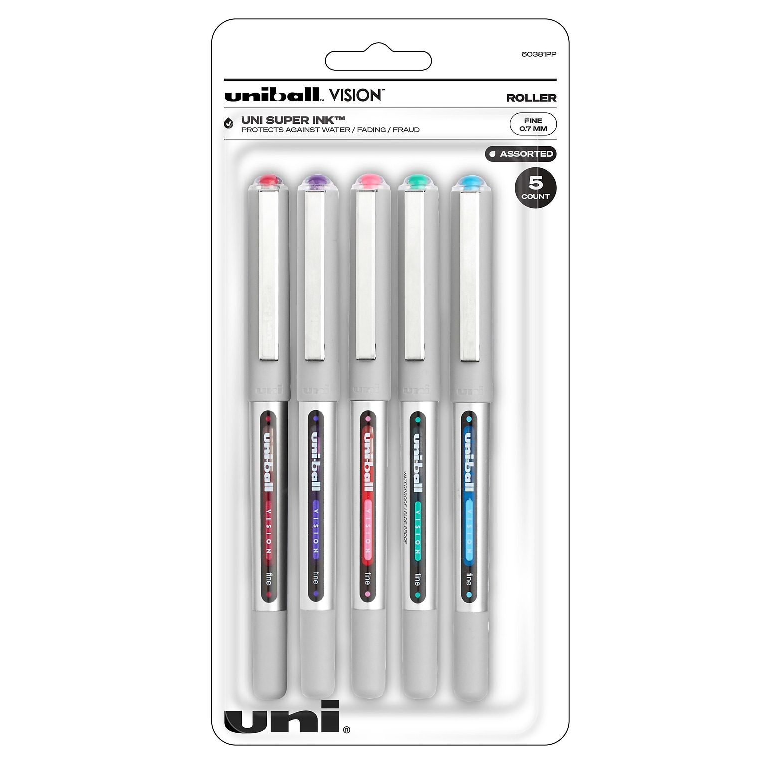 uni-ball VISION Rollerball Pens, Fine Point, Assorted Colors Ink, 5/Pack (60381)