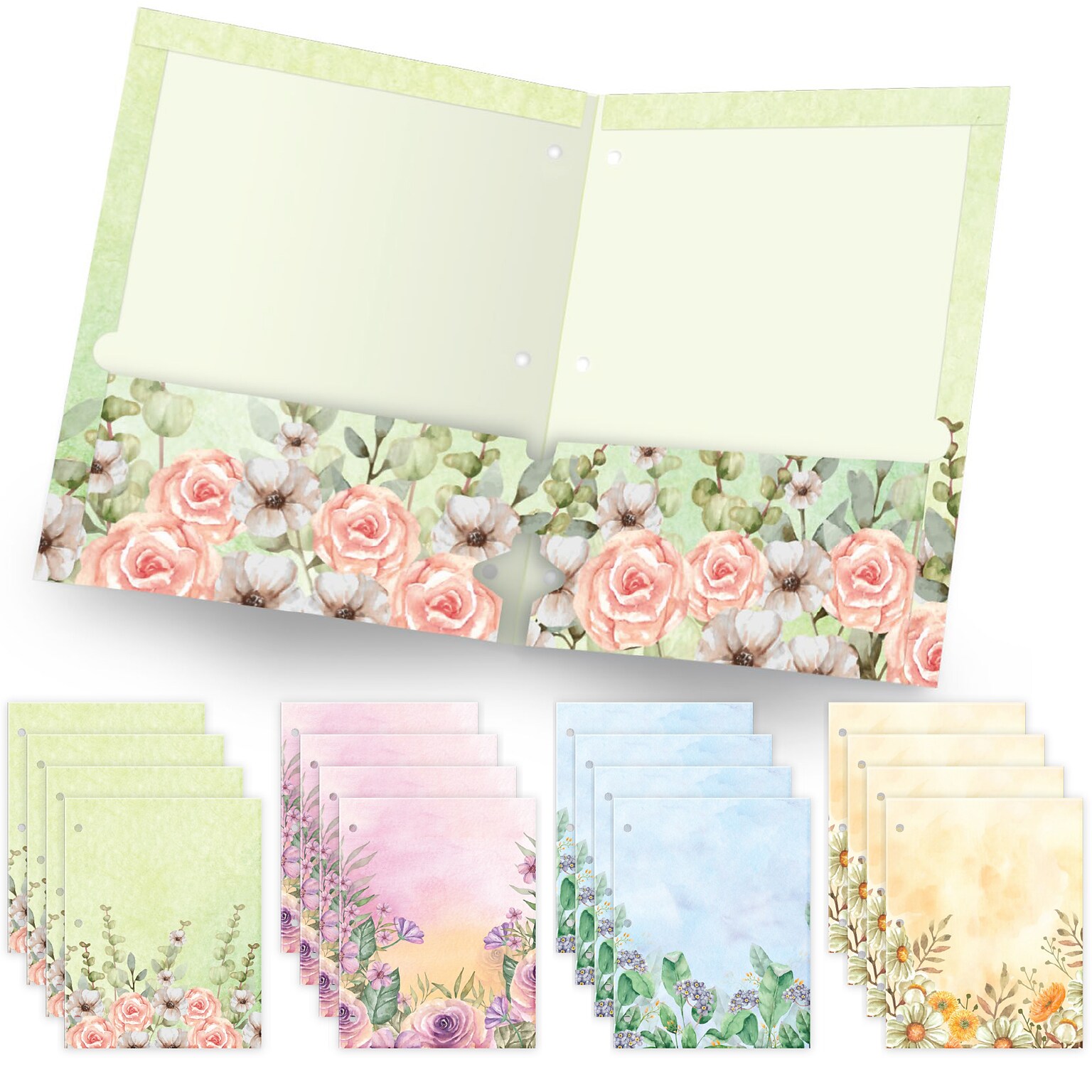 Global Printed Products Watercolor Floral 3-Hole Punched 2 Pocket Presentation Folder, Assorted Colors, 16/Pack (GPP-0100-E)