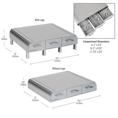 Mind Reader Anchor Collection Monitor Stand and Desk Organizer with 3 Storage Drawers, Silver (MONSTA3D-SIL)