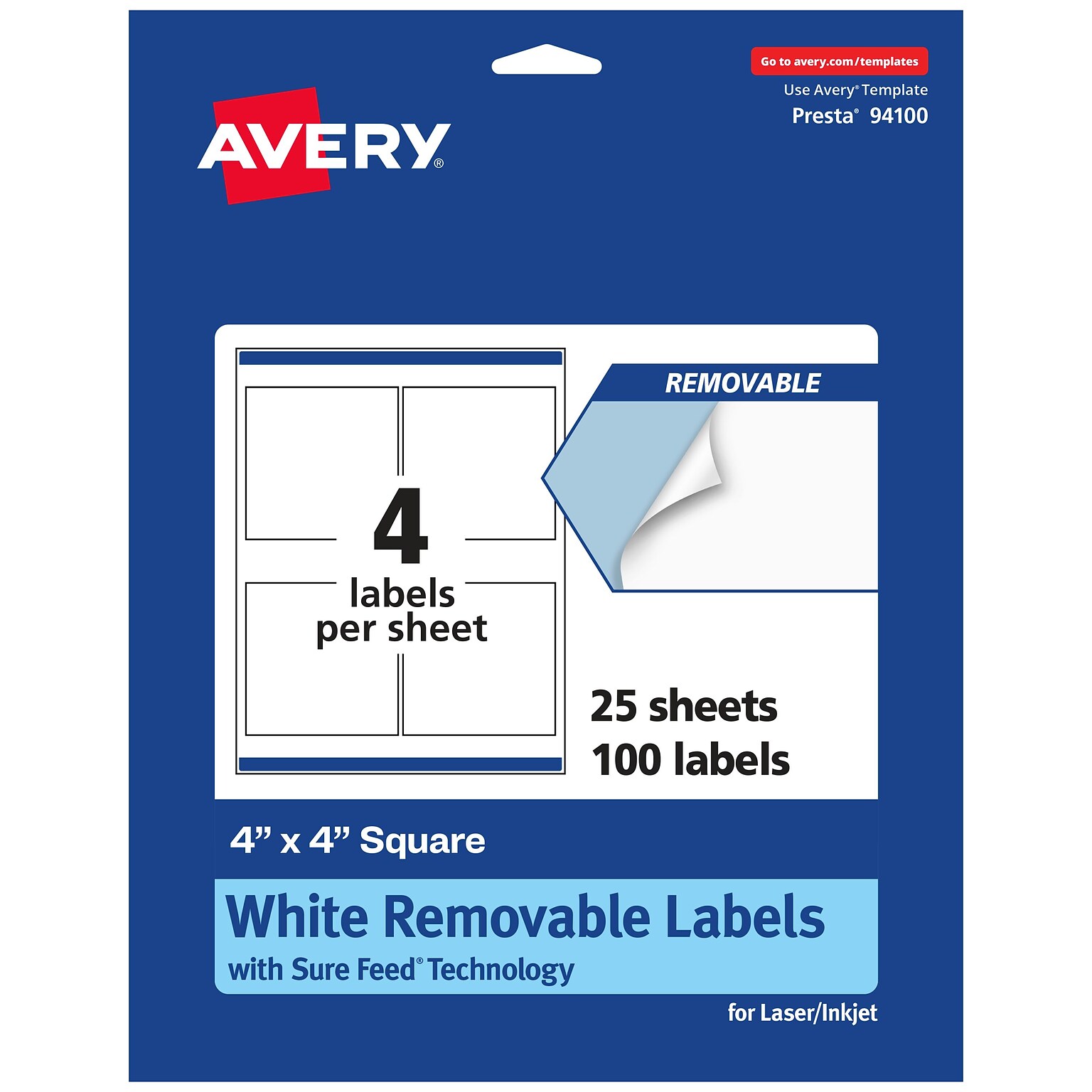 Avery Laser/Inkjet Square Removable Labels, 4 x 4, White, 100 Labels/Pack (94100-RMP25)