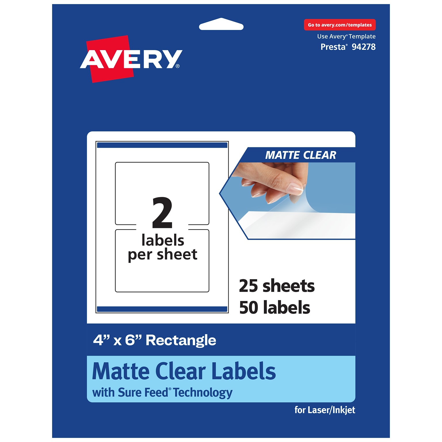 Avery Laser/Inkjet Multipurpose Labels, Clear, 2 Labels/Sheet, 25 Sheets/Pack (94278-CMF25)