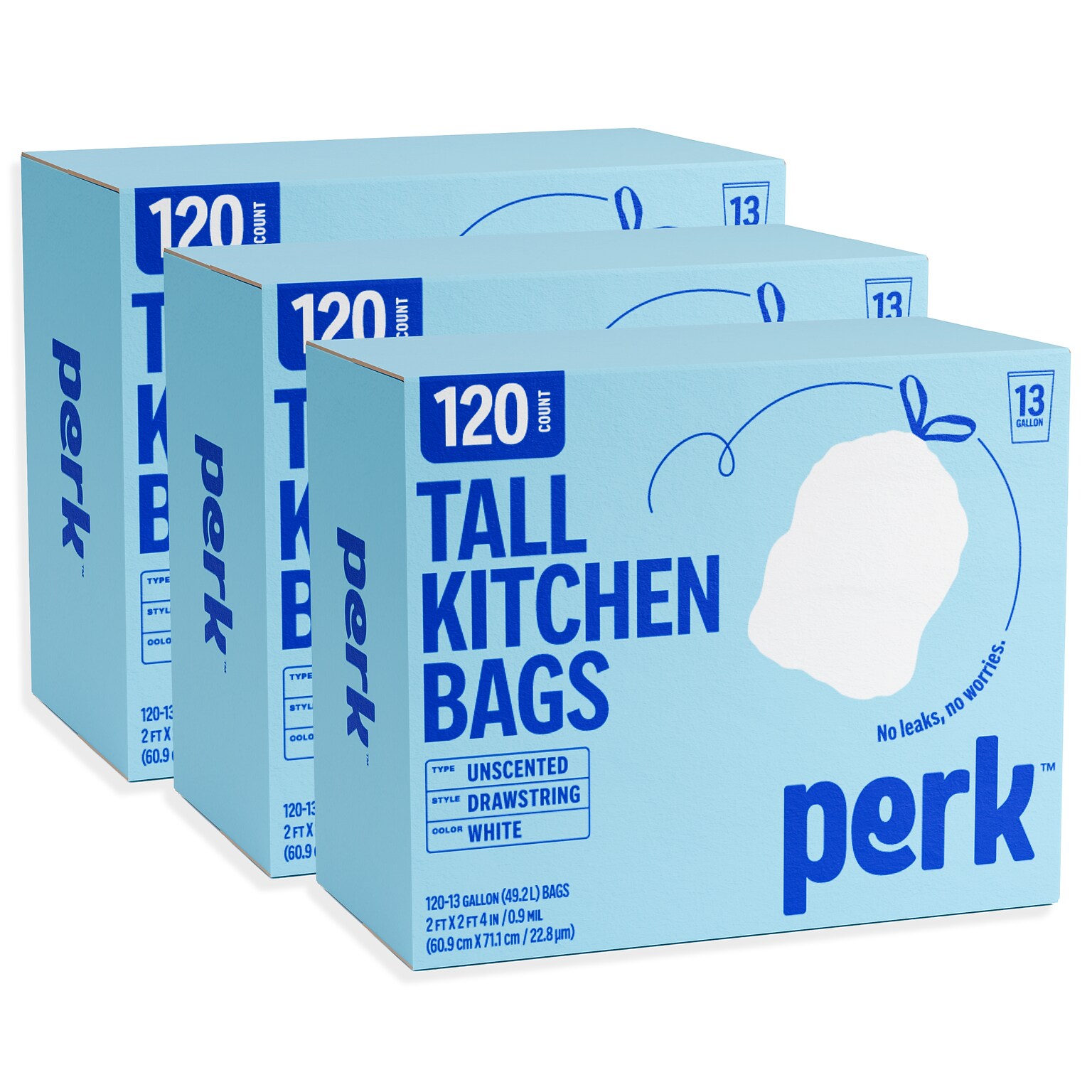 Perk™ 13 Gallon Kitchen Trash Bag, 28 x 24, Low Density, 0.9 mil, White, 120 Bags/Box, 3 Boxes/Carton (PK56750CT)