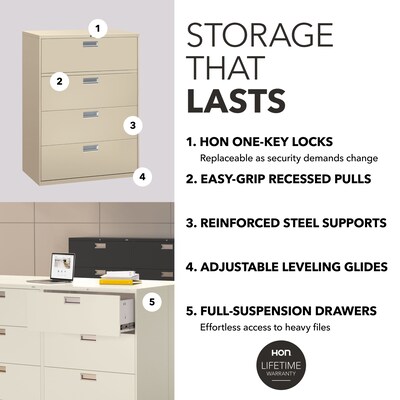 HON Brigade 600 Series 4-Drawer Lateral File Cabinet, Locking, Letter/Legal, Putty/Beige, 42"W (HON694LL)