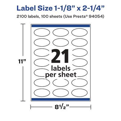 Avery Laser/Inkjet Multipurpose Oval Labels, 2.25" Dia, Glossy White, 2100/Box (94054)