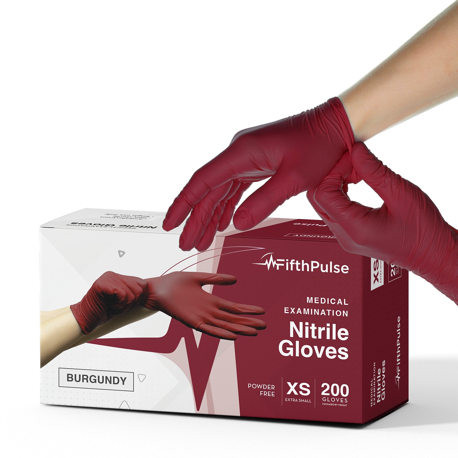 FifthPulse Powder Free Nitrile Gloves, Latex Free, X-Small, Burgundy, 200/Box (FMN100423)